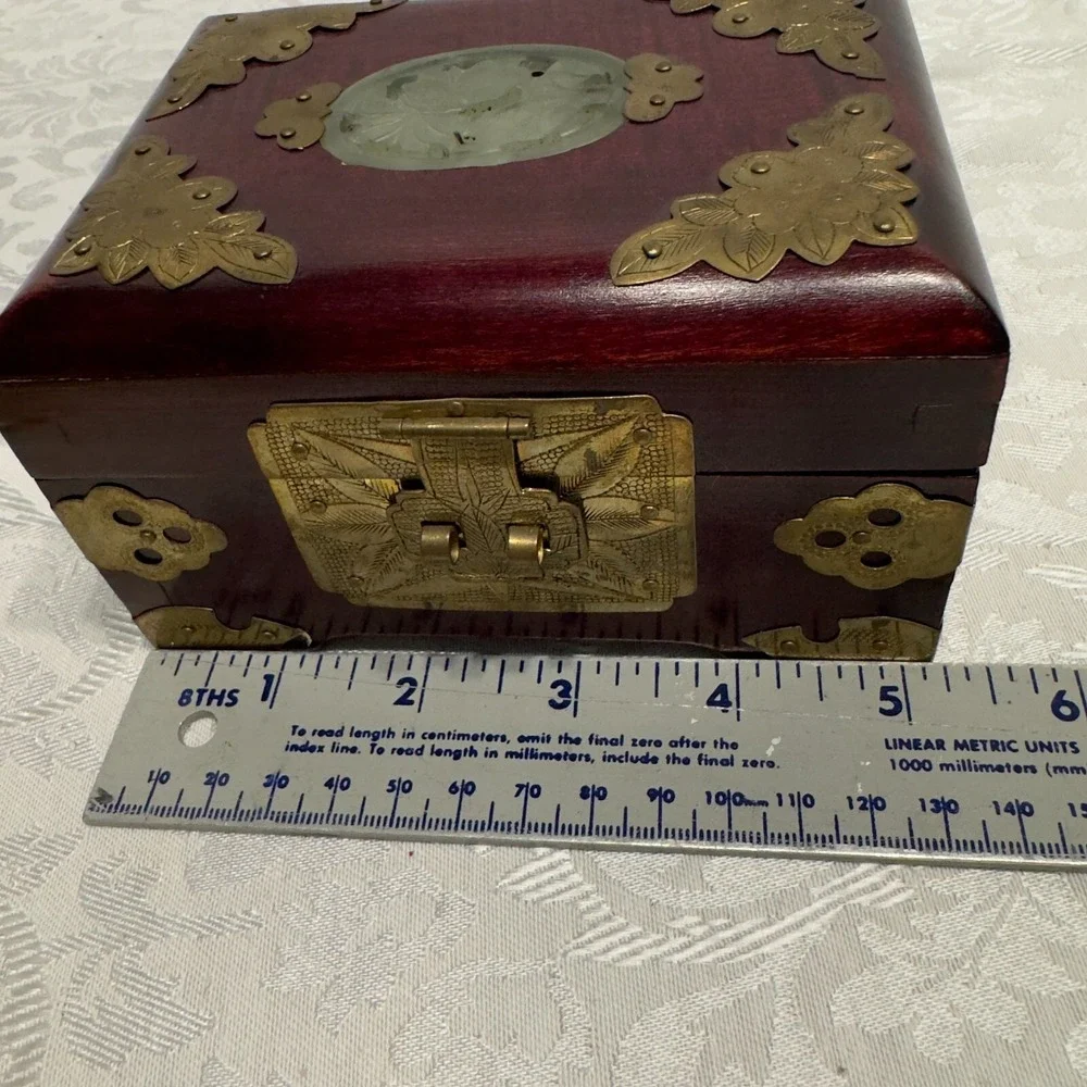 Vintage Chinese Carved Jade Stone & Rosewood Brass Pink Silk Lined Jewelry Box